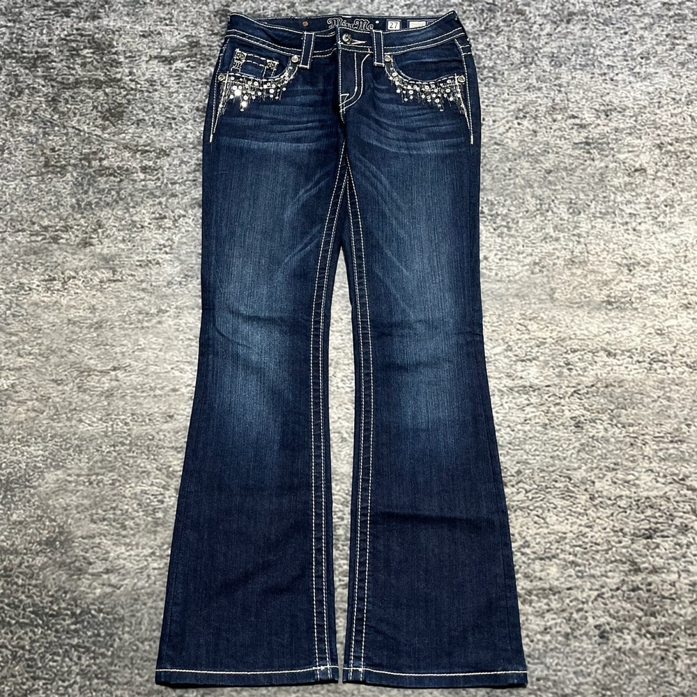 Miss Me Jeans Womens 27x32 Blue Boot Cut Low Rise Rhinestones Western Grunge Y2K - Picture 2 of 15